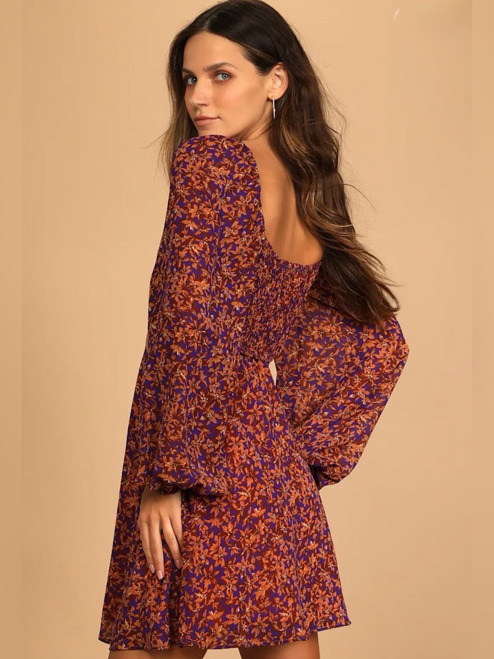 Lulus Fall Purple Floral Print Cutout Long Sleeve Mini Dress Size XL - Picture 2 of 10